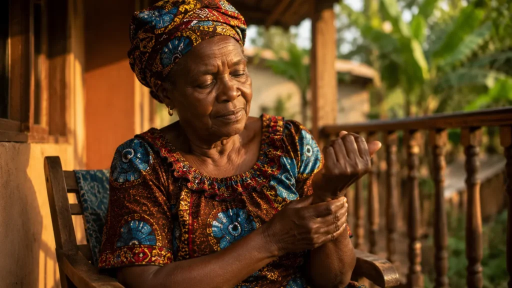 Femme camerounaise âgée assise sur une véranda, massant son poignet