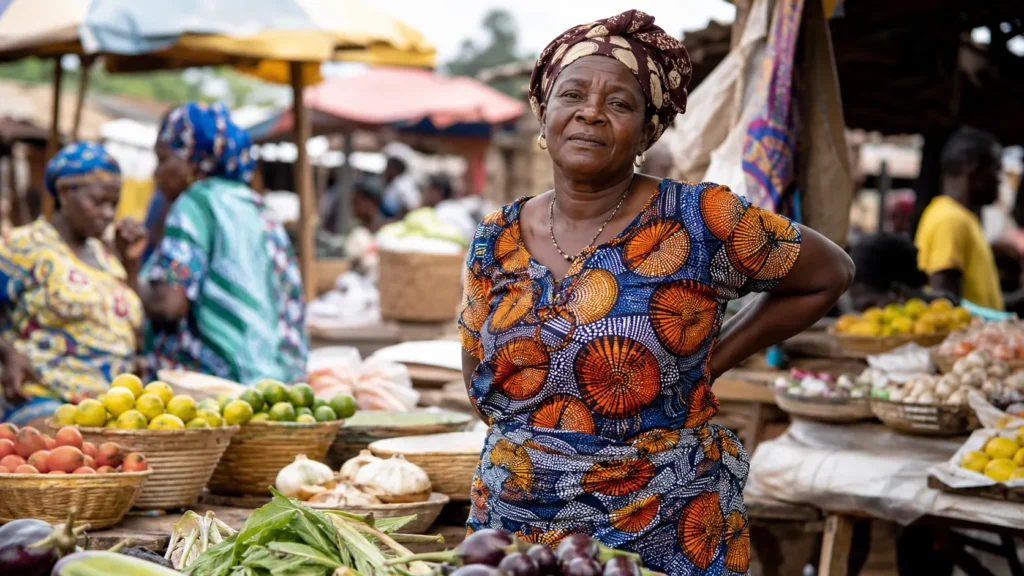 Vendeuse camerounaise au marché, la main sur le bas du dos