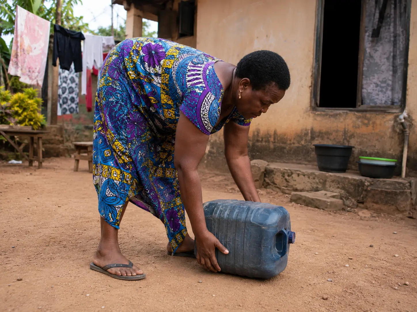Femme soulevant un bidon d'eau en se penchant, mauvaise posture de port de charge
