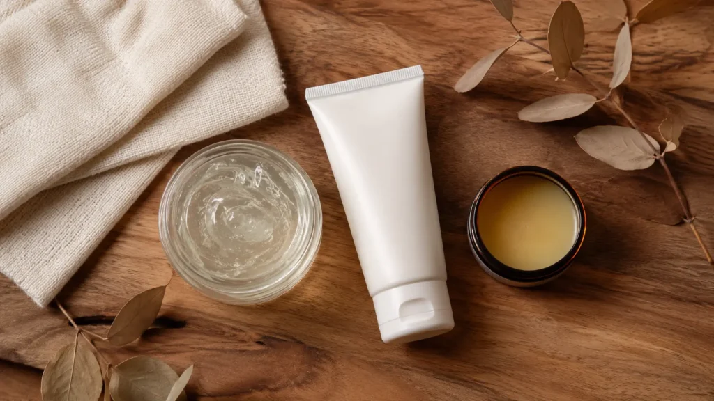Gel, crème et baume présentés côte à côte sur une surface en bois