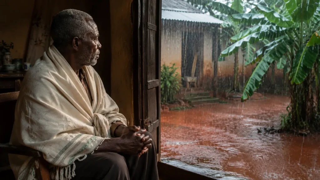Homme âgé à l'intérieur pendant la saison des pluies au Cameroun